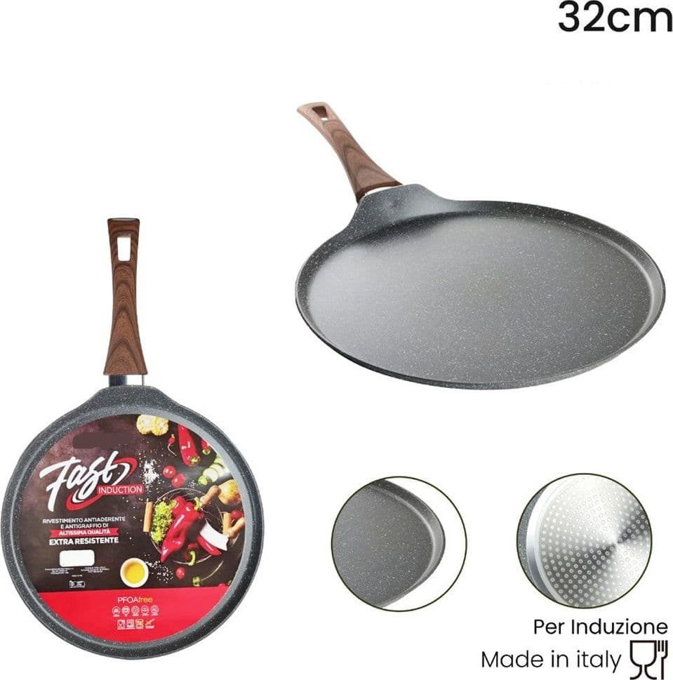 PADELLA PIASTRA CREPIERA ANTIADERENTE Ø32CM UOVO FRITTO PER INDUZIONE MANICO LEGNO 043204M in Padelle per crepes Trade Shop italia - Napoli, commercioVirtuoso.it