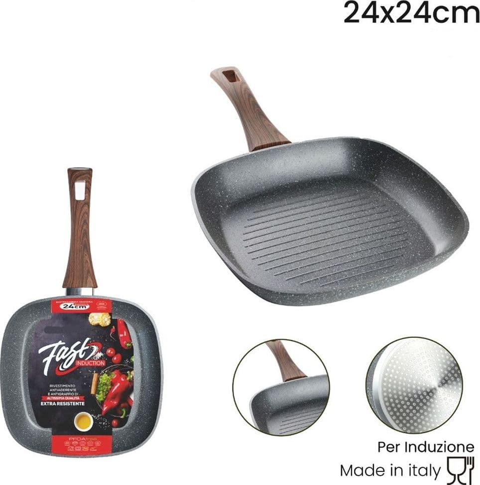 BISTECCHIERA QUADRATA ANTIADERENTE ANTIGRAFFIO PER INDUZIONE MANICO LEGNO DA 24X24/28X28CM in Padelle grill Trade Shop italia - Napoli, commercioVirtuoso.it