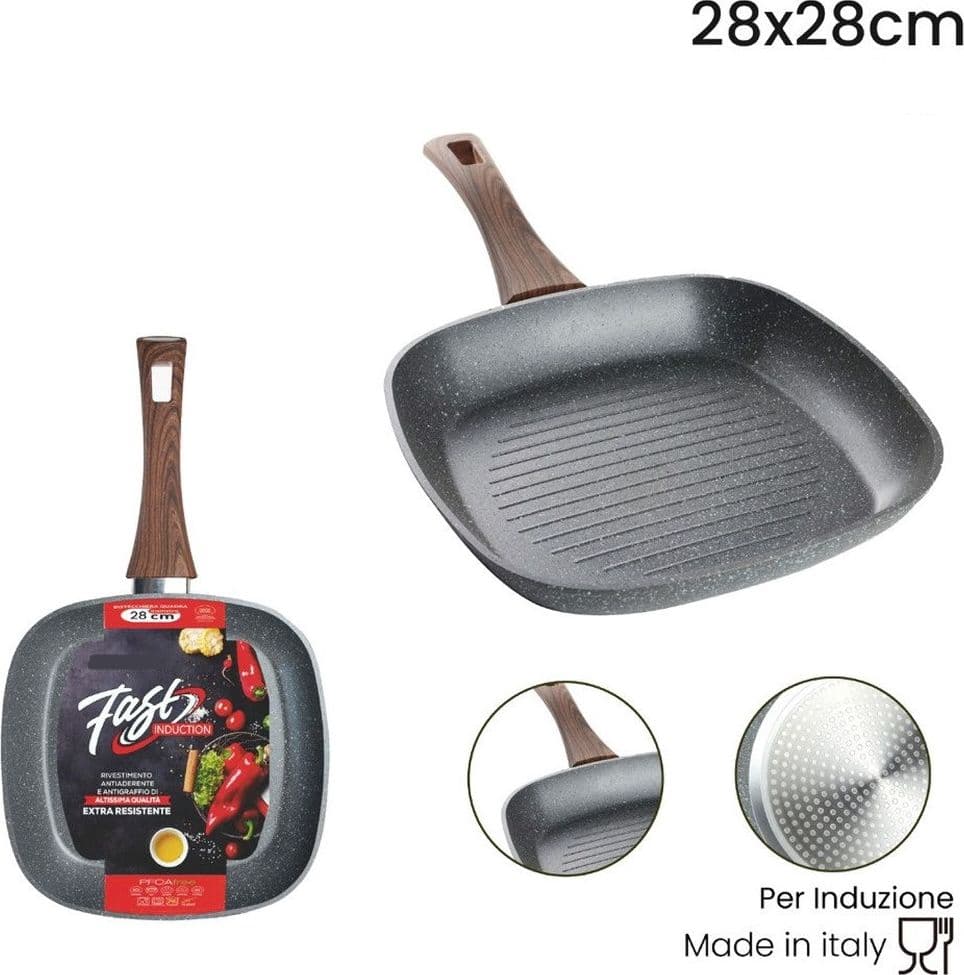 BISTECCHIERA QUADRATA ANTIADERENTE ANTIGRAFFIO PER INDUZIONE MANICO LEGNO DA 24X24/28X28CM in Padelle grill Trade Shop italia - Napoli, commercioVirtuoso.it