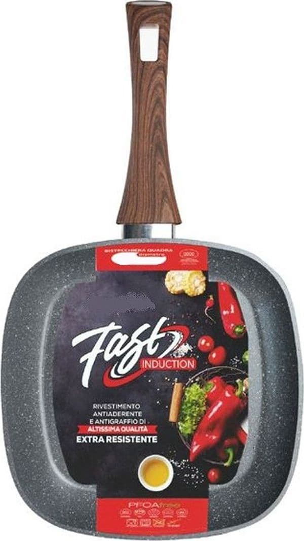 BISTECCHIERA QUADRATA ANTIADERENTE ANTIGRAFFIO PER INDUZIONE MANICO LEGNO DA 24X24/28X28CM in Padelle grill Trade Shop italia - Napoli, commercioVirtuoso.it