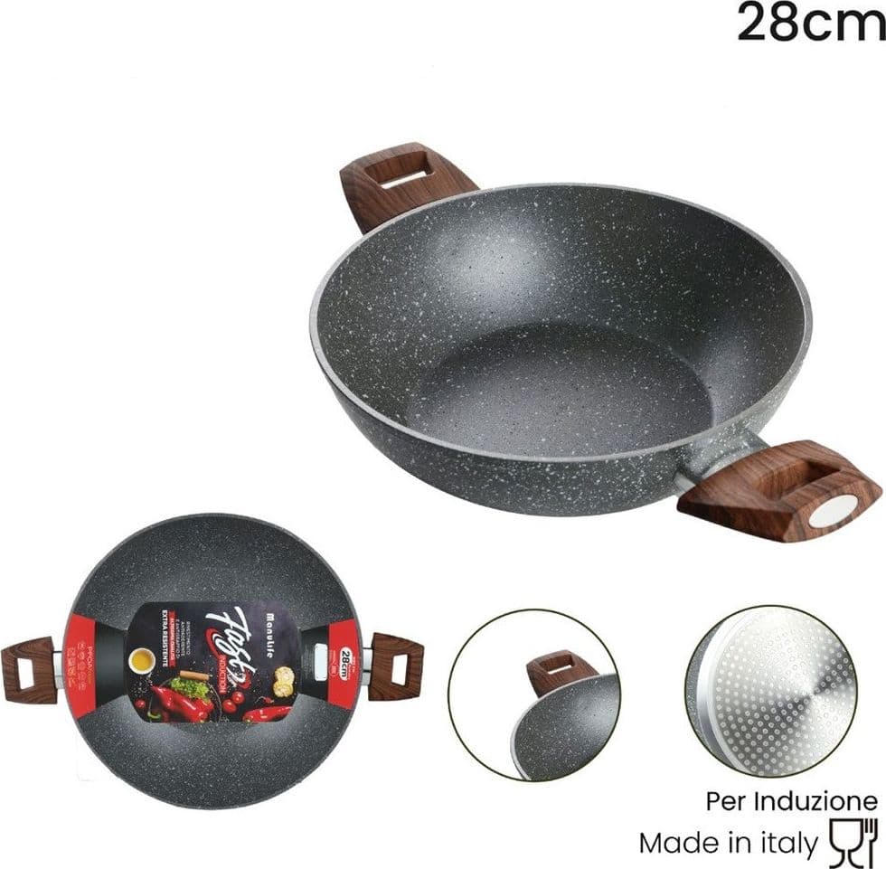 WOK RIVESTIMENTO ANTIADERENTE ANTIGRAFFIO PER INDUZIONE CON 2 MANICI LEGNO Ø24-28-32CM in Woks Trade Shop italia - Napoli, commercioVirtuoso.it