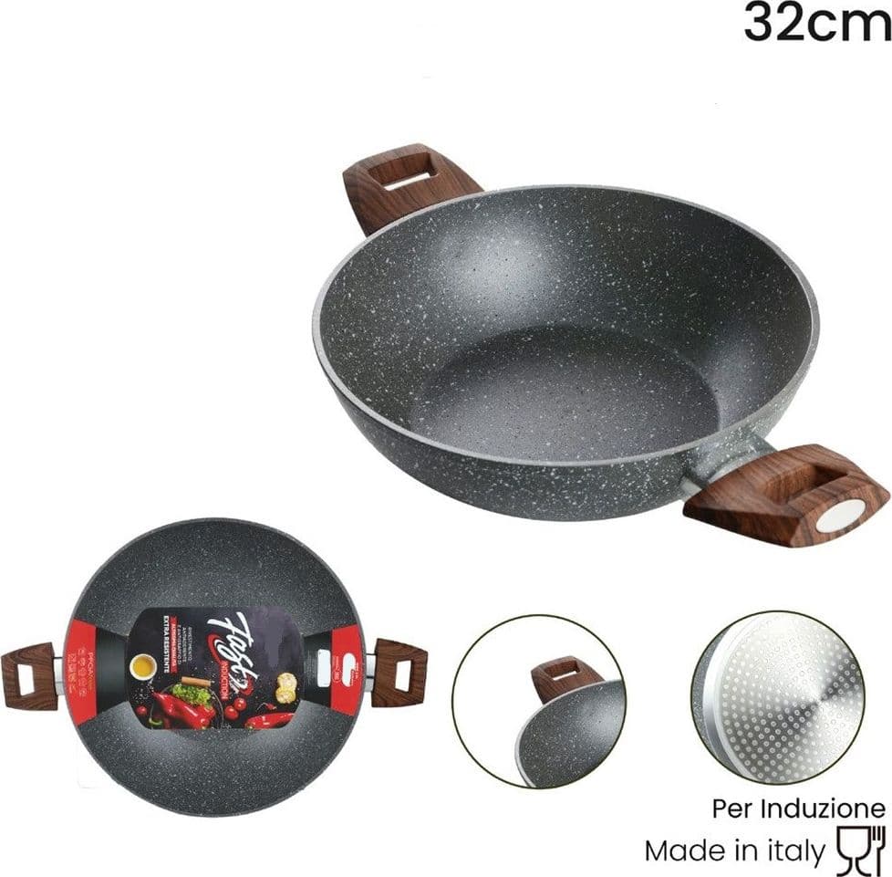 WOK RIVESTIMENTO ANTIADERENTE ANTIGRAFFIO PER INDUZIONE CON 2 MANICI LEGNO Ø24-28-32CM in Woks Trade Shop italia - Napoli, commercioVirtuoso.it