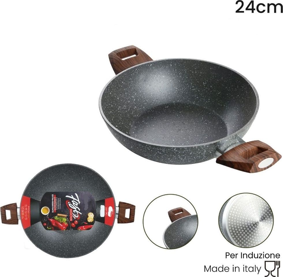 WOK RIVESTIMENTO ANTIADERENTE ANTIGRAFFIO PER INDUZIONE CON 2 MANICI LEGNO Ø24-28-32CM in Woks Trade Shop italia - Napoli, commercioVirtuoso.it