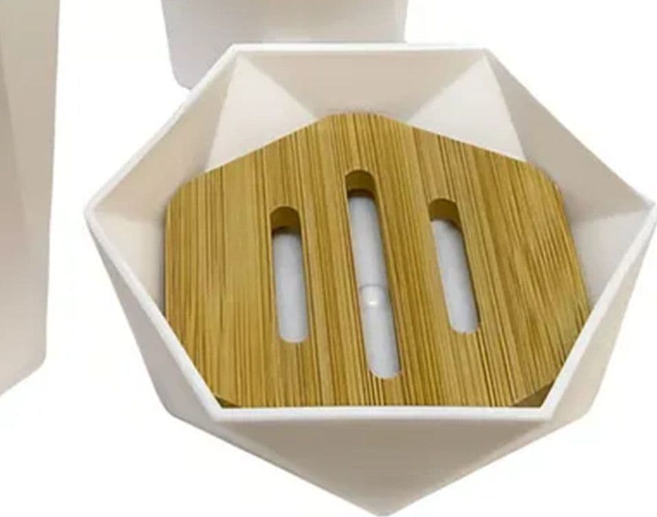 PIATTINO PORTA SAPONE SAPONETTA FORMA ESAGONALE GEOMETRICO BIANCO LEGNO DA BAGNO 10838 in Portasapone Trade Shop italia - Napoli, commercioVirtuoso.it
