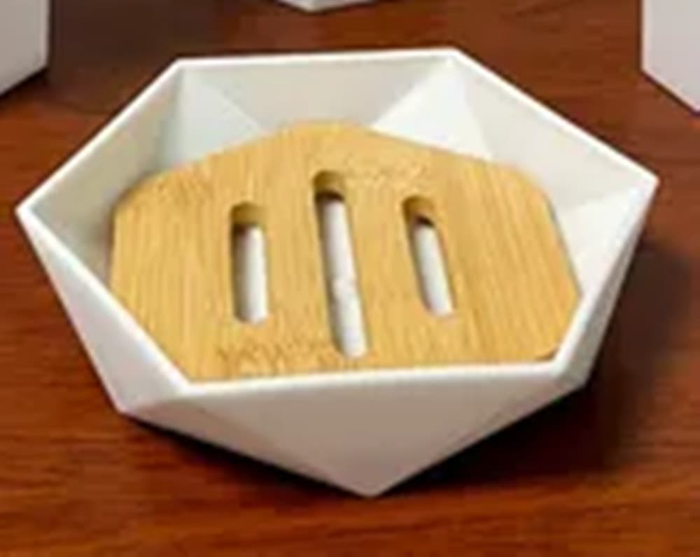 PIATTINO PORTA SAPONE SAPONETTA FORMA ESAGONALE GEOMETRICO BIANCO LEGNO DA BAGNO 10838 in Portasapone Trade Shop italia - Napoli, commercioVirtuoso.it