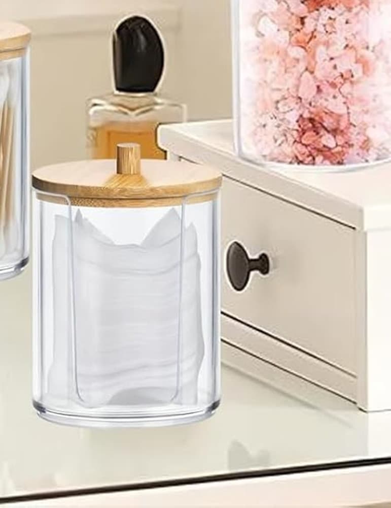 CONTENITORE PORTA DISCHETTI STRUCCANTI TRASPARENTE CON COPERCHIO IN LEGNO 7.1X10.3CM 10822 in Contenitori per cosmetici Trade Shop italia - Napoli, commercioVirtuoso.it