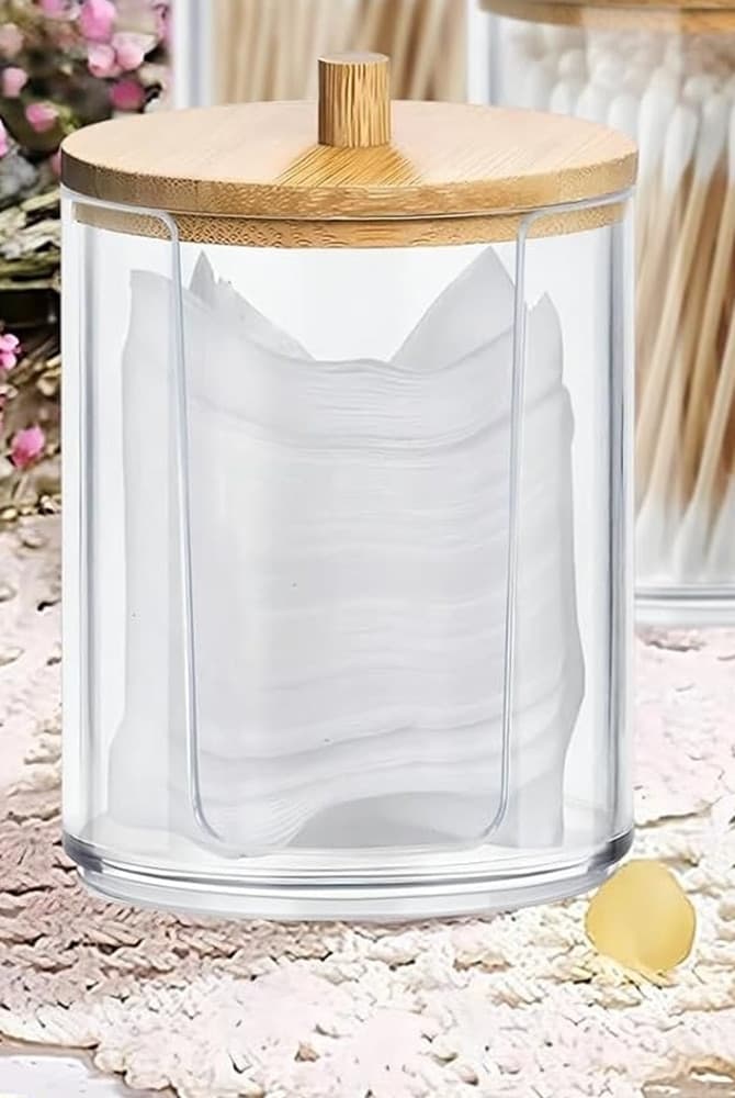 CONTENITORE PORTA DISCHETTI STRUCCANTI TRASPARENTE CON COPERCHIO IN LEGNO 7.1X10.3CM 10822 in Contenitori per cosmetici Trade Shop italia - Napoli, commercioVirtuoso.it