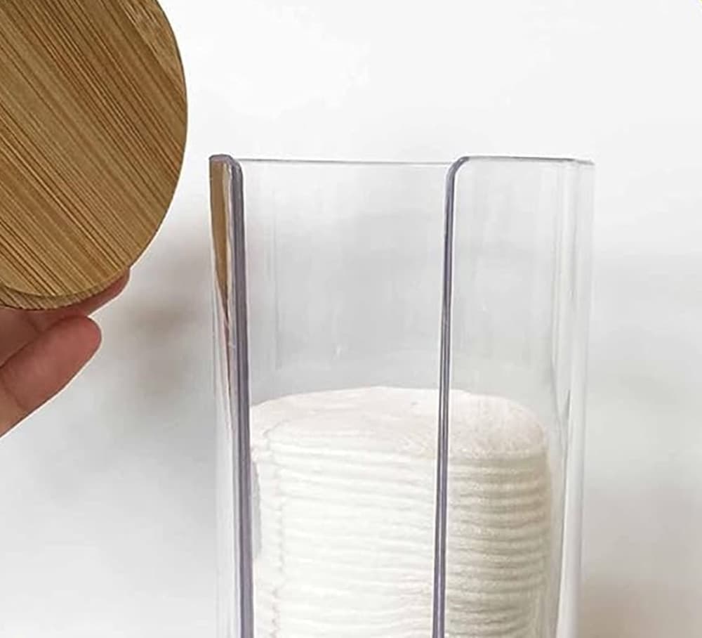 DISPENSER PORTA DISCHETTI STRUCCANTI TRASPARENTE CON COPERCHIO IN LEGNO 7.5X18.6CM 10824 in Contenitori per cosmetici Trade Shop italia - Napoli, commercioVirtuoso.it