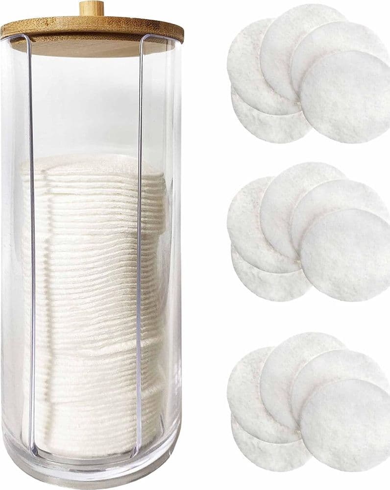 DISPENSER PORTA DISCHETTI STRUCCANTI TRASPARENTE CON COPERCHIO IN LEGNO 7.5X18.6CM 10824 in Contenitori per cosmetici Trade Shop italia - Napoli, commercioVirtuoso.it