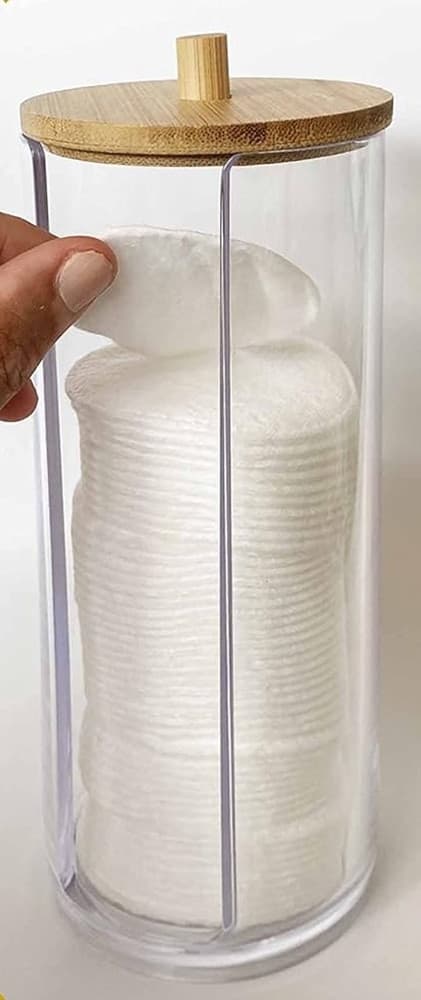 DISPENSER PORTA DISCHETTI STRUCCANTI TRASPARENTE CON COPERCHIO IN LEGNO 7.5X18.6CM 10824 in Contenitori per cosmetici Trade Shop italia - Napoli, commercioVirtuoso.it