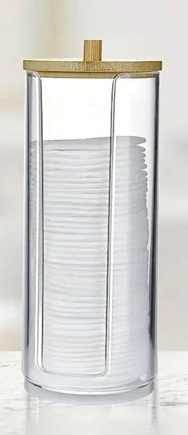 DISPENSER PORTA DISCHETTI STRUCCANTI TRASPARENTE CON COPERCHIO IN LEGNO 7.5X18.6CM 10824 in Contenitori per cosmetici Trade Shop italia - Napoli, commercioVirtuoso.it