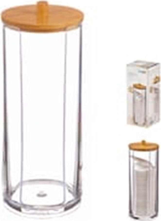 DISPENSER PORTA DISCHETTI STRUCCANTI TRASPARENTE CON COPERCHIO IN LEGNO 7.5X18.6CM 10824 in Contenitori per cosmetici Trade Shop italia - Napoli, commercioVirtuoso.it