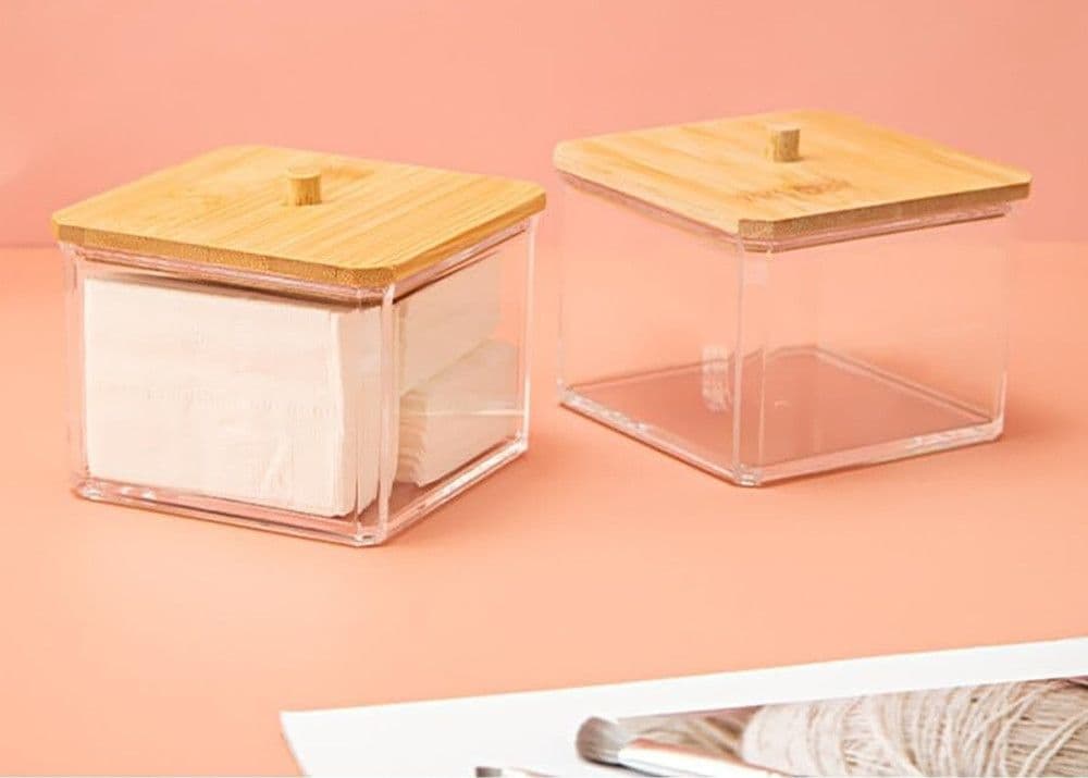 CONTENITORE ORGANIZER COSMETICI TOELETTA QUADRATO TRASPARENTE CON COPERCHIO IN LEGNO 10826 in Scatole Trade Shop italia - Napoli, commercioVirtuoso.it