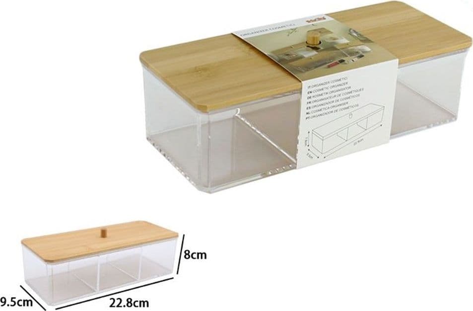 CONTENITORE ORGANIZER PER COSMETICI A 3 SCOMPARTI TRASPARENTE CON COPERCHIO IN LEGNO 10827 in Contenitori per cosmetici Trade Shop italia - Napoli, commercioVirtuoso.it