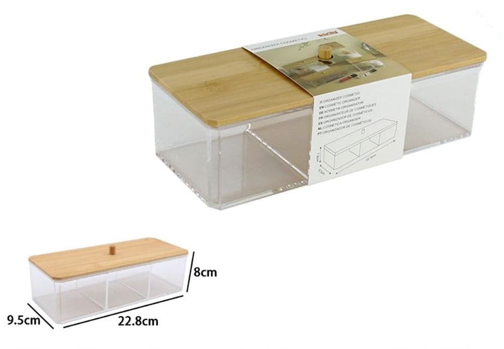 CONTENITORE ORGANIZER PER COSMETICI A 3 SCOMPARTI TRASPARENTE CON COPERCHIO IN LEGNO 10827 in Contenitori per cosmetici Trade Shop italia - Napoli, commercioVirtuoso.it