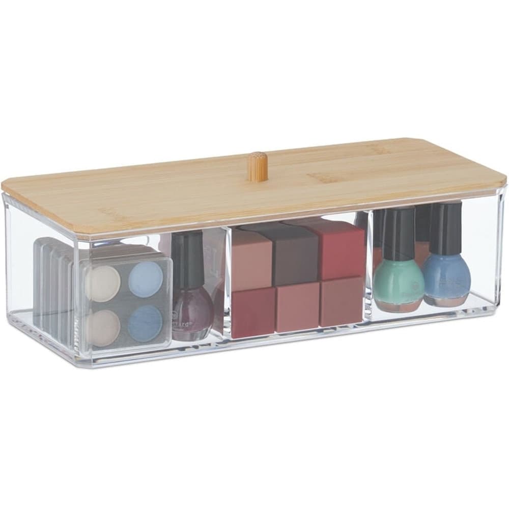 CONTENITORE ORGANIZER PER COSMETICI A 3 SCOMPARTI TRASPARENTE CON COPERCHIO IN LEGNO 10827 in Contenitori per cosmetici Trade Shop italia - Napoli, commercioVirtuoso.it