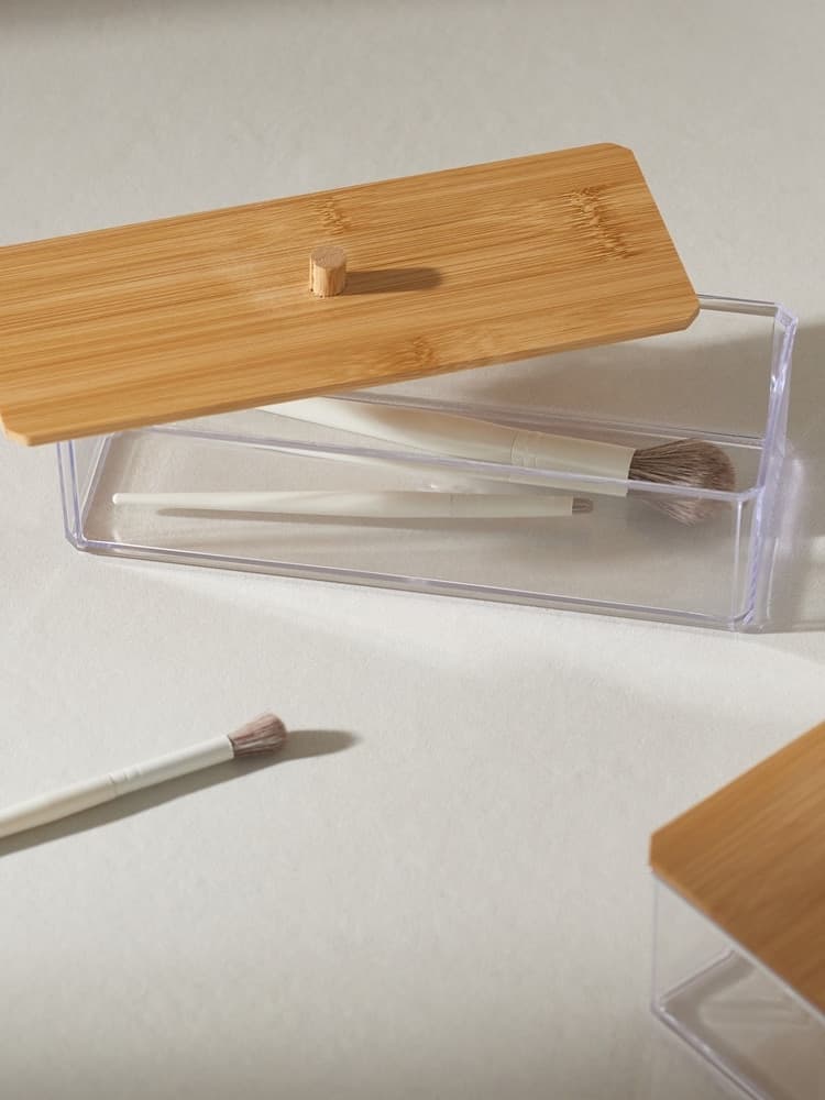 CONTENITORE ORGANIZER PER COSMETICI PORTATRUCCHI TRASPARENTE CON COPERCHIO IN LEGNO 10828 in Contenitori per cosmetici Trade Shop italia - Napoli, commercioVirtuoso.it