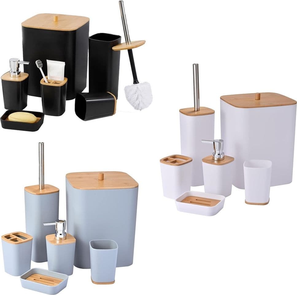 SET ACCESSORI BAGNO IN BAMBÙ 6 PZ MODERNO BIDONE SPAZZATURA PORTASAPONE DISPENSER