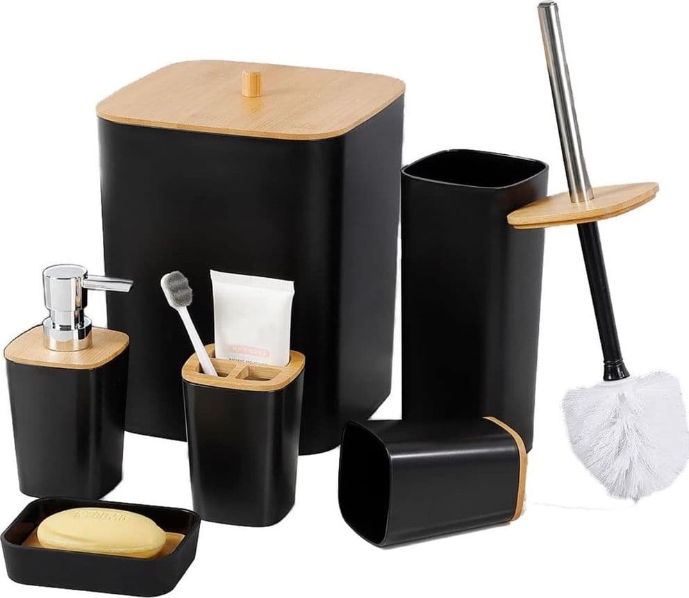 SET ACCESSORI BAGNO IN BAMBÙ 6PZ MODERNO NERI BIDONE SPAZZATURA PORTASAPONE DISPENSER in Set di accessori per il bagno Trade Shop italia - Napoli, commercioVirtuoso.it