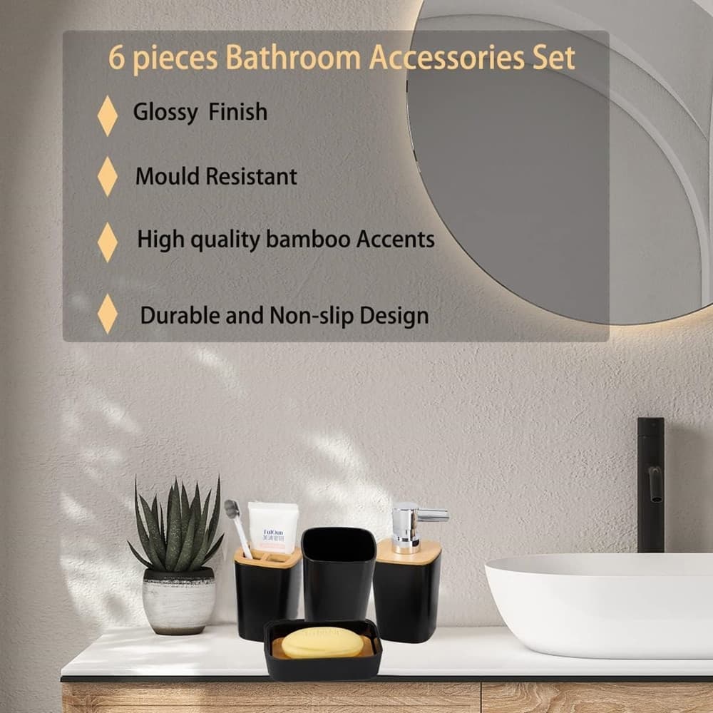 SET ACCESSORI BAGNO IN BAMBÙ 6PZ MODERNO NERI BIDONE SPAZZATURA PORTASAPONE DISPENSER in Set di accessori per il bagno Trade Shop italia - Napoli, commercioVirtuoso.it
