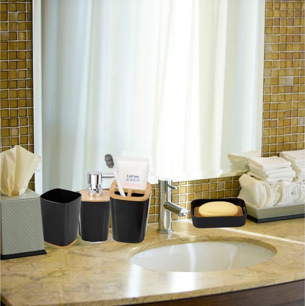 SET ACCESSORI BAGNO IN BAMBÙ 6PZ MODERNO NERI BIDONE SPAZZATURA PORTASAPONE DISPENSER in Set di accessori per il bagno Trade Shop italia - Napoli, commercioVirtuoso.it