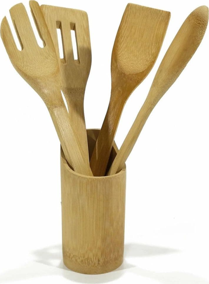 SET 4 MESTOLI IN BAMBOO CON PRATICO CONTENITORE PORTA UTENSILI ACCESSORI CUCINA H33CM - 2