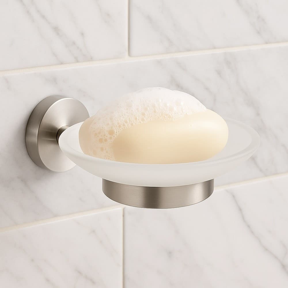 PORTA SAPONE IN ACCIAIO SATINATO CON PIATTINO VETRO SATINATO ACCESSORI DA BAGNO 87905 in Portasapone Trade Shop italia - Napoli, commercioVirtuoso.it