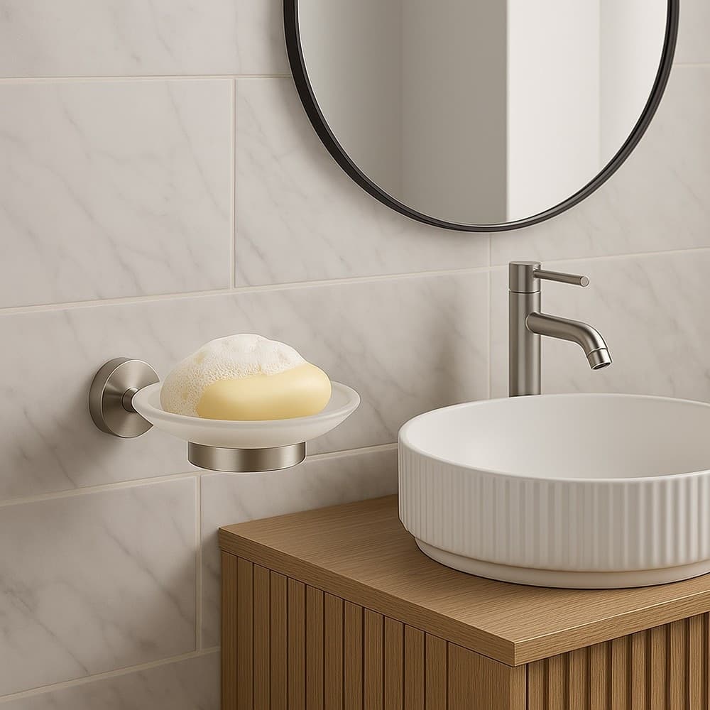 PORTA SAPONE IN ACCIAIO SATINATO CON PIATTINO VETRO SATINATO ACCESSORI DA BAGNO 87905 in Portasapone Trade Shop italia - Napoli, commercioVirtuoso.it