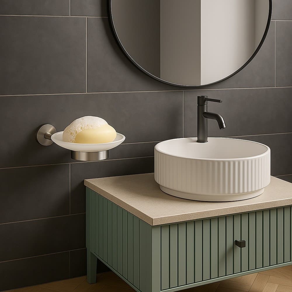 PORTA SAPONE IN ACCIAIO SATINATO CON PIATTINO VETRO SATINATO ACCESSORI DA BAGNO 87905 in Portasapone Trade Shop italia - Napoli, commercioVirtuoso.it