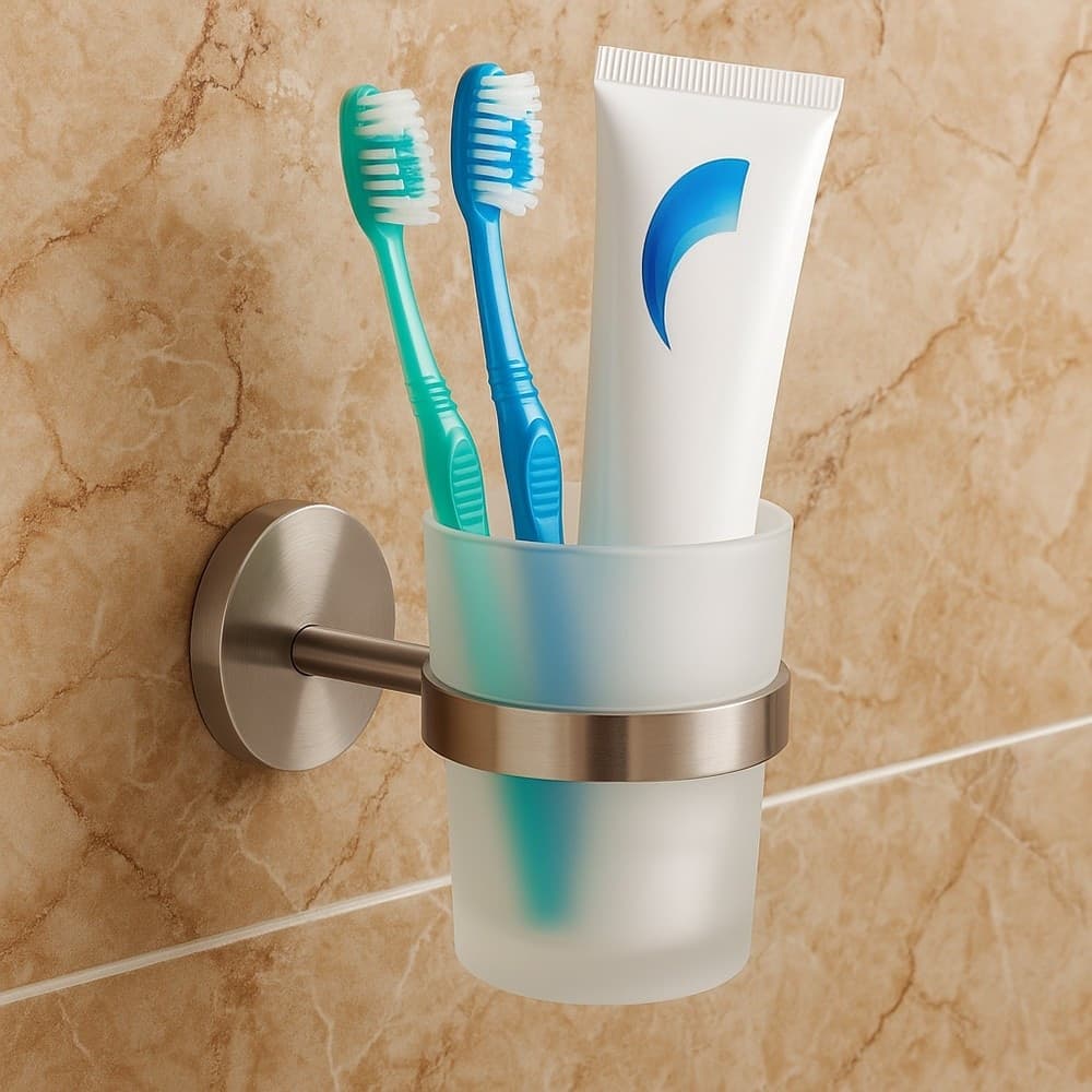 PORTA SPAZZOLINI DA DENTI IN ACCIAIO SATINATO CON BICCHIERE VETRO SATINATO BAGNO 87906 in Porta spazzolini Trade Shop italia - Napoli, commercioVirtuoso.it