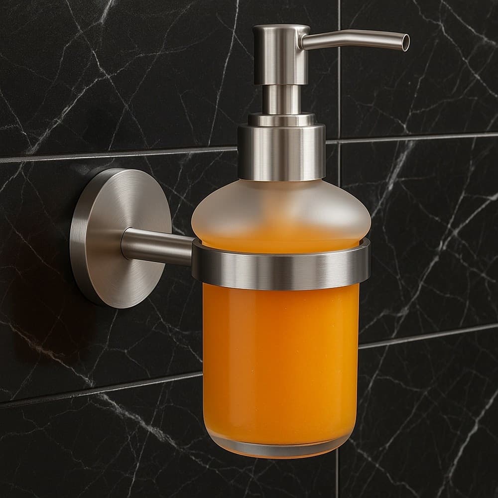 DISPENSER PORTA SAPONE PER SAPONE LIQUIDO IN ACCIAIO SATINATO VETRO ACCESSORIO BAGNO 87907 in Dosatori per sapone liquido Trade Shop italia - Napoli, commercioVirtuoso.it