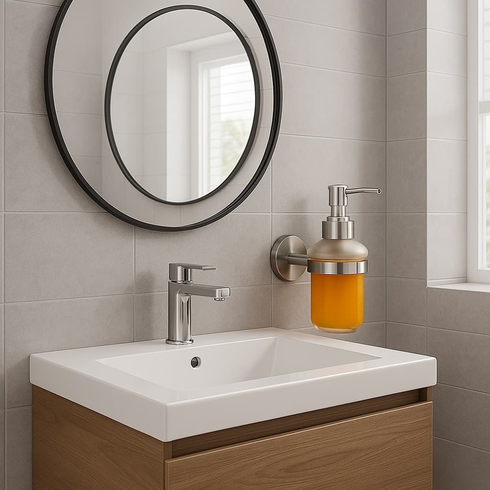DISPENSER PORTA SAPONE PER SAPONE LIQUIDO IN ACCIAIO SATINATO VETRO ACCESSORIO BAGNO 87907 in Dosatori per sapone liquido Trade Shop italia - Napoli, commercioVirtuoso.it