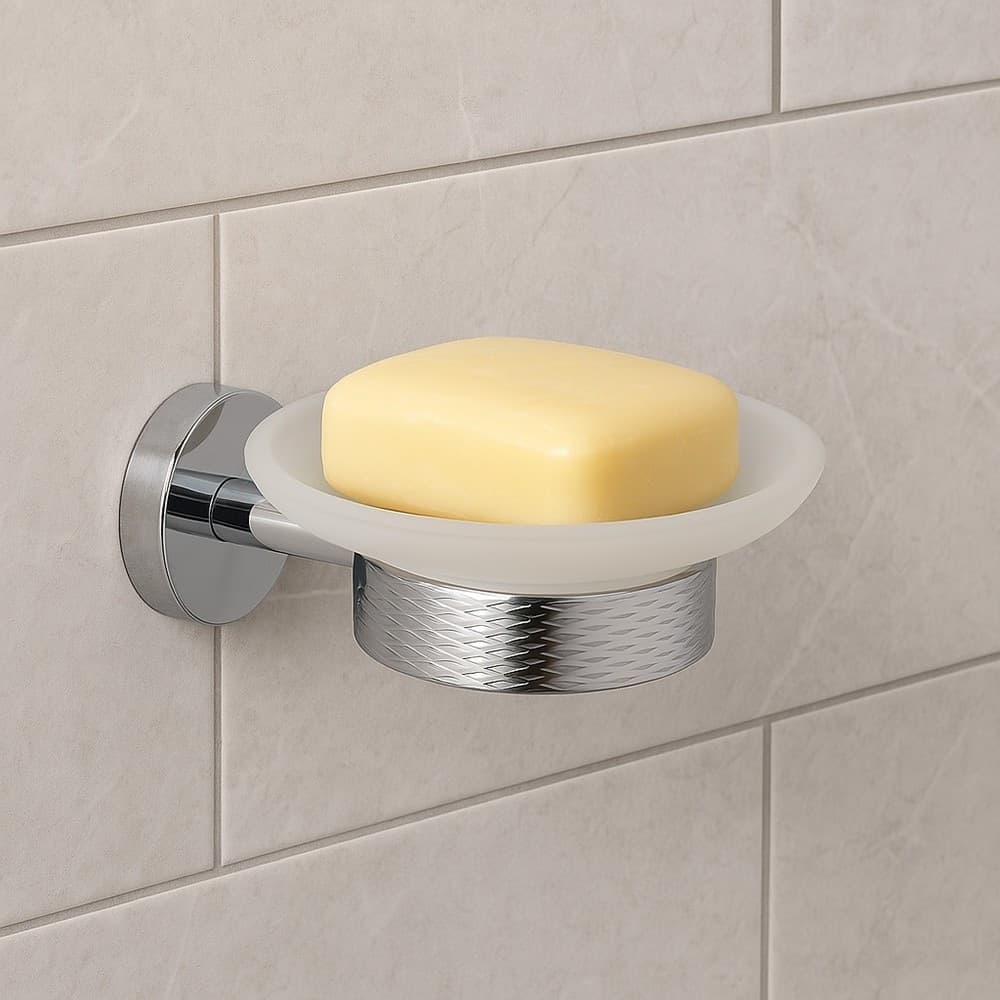 PORTA SAPONE IN ACCIAIO LUCIDO CON PIATTINO VETRO SATINATO ACCESSORI DA BAGNO 87916 in Portasapone Trade Shop italia - Napoli, commercioVirtuoso.it