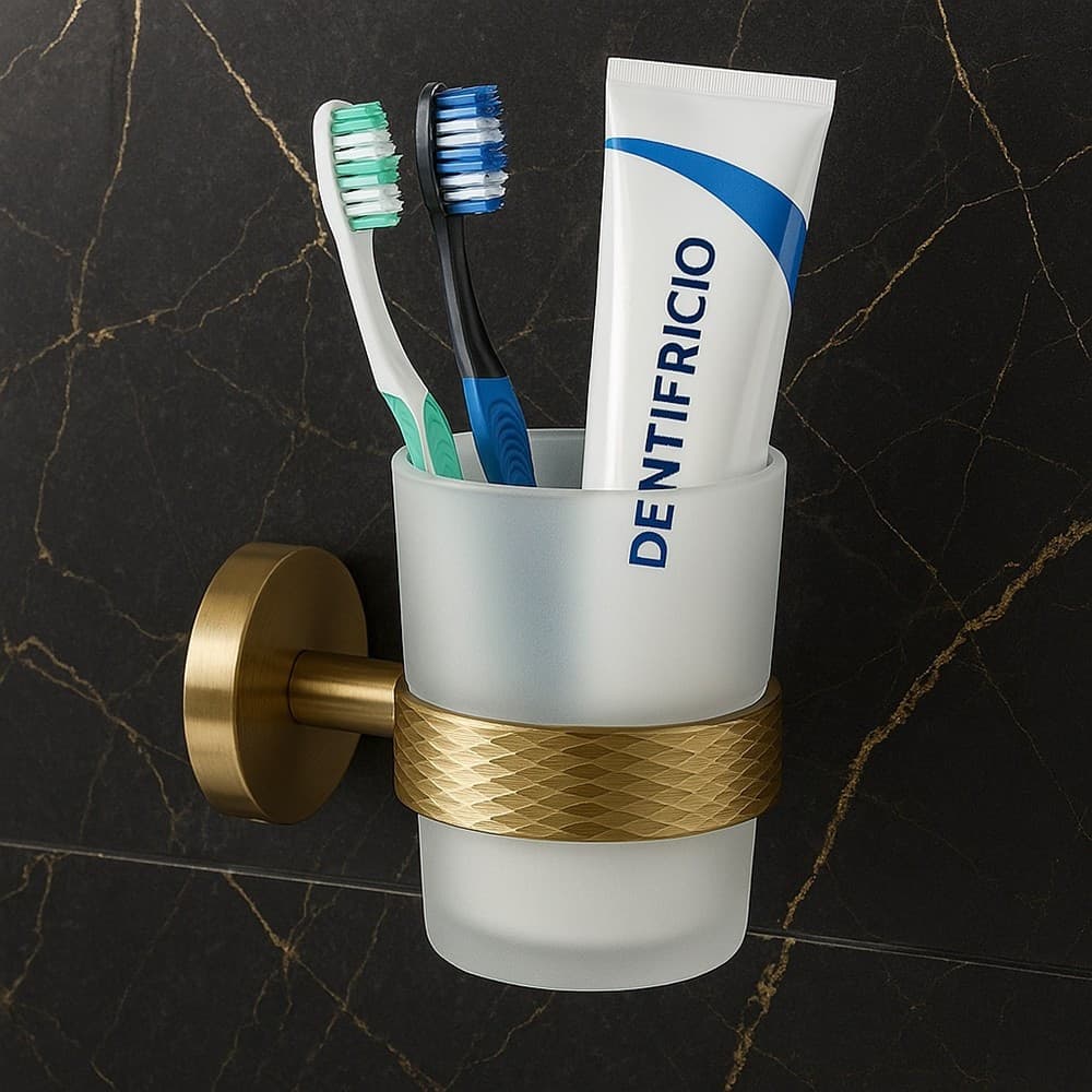 PORTA SPAZZOLINI DA DENTI IN ACCIAIO ORO CON BICCHIERE VETRO SATINATO BAGNO 87928 in Porta spazzolini Trade Shop italia - Napoli, commercioVirtuoso.it
