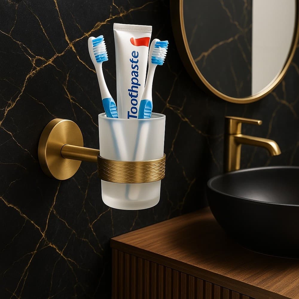 PORTA SPAZZOLINI DA DENTI IN ACCIAIO ORO CON BICCHIERE VETRO SATINATO BAGNO 87928 in Porta spazzolini Trade Shop italia - Napoli, commercioVirtuoso.it