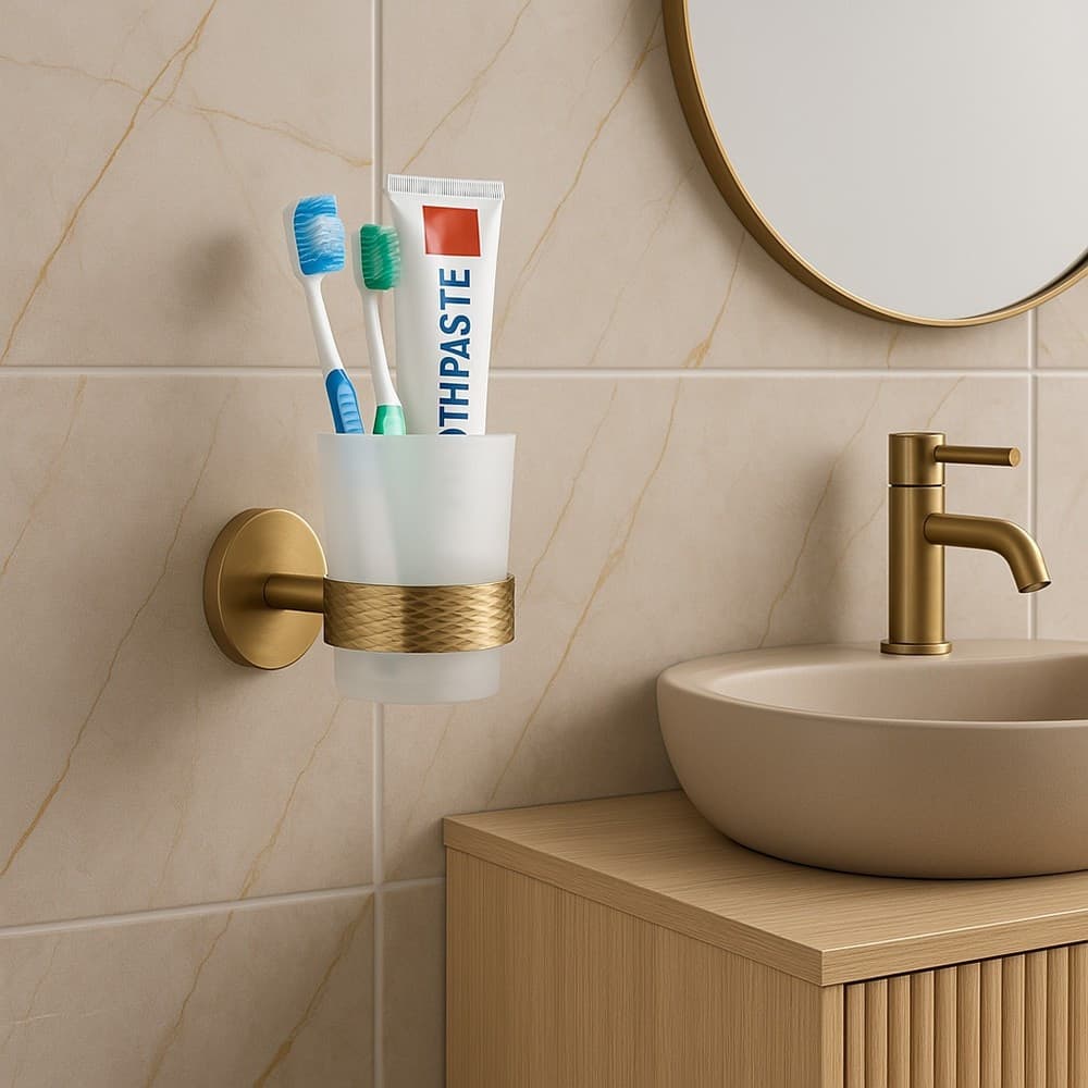 PORTA SPAZZOLINI DA DENTI IN ACCIAIO ORO CON BICCHIERE VETRO SATINATO BAGNO 87928 in Porta spazzolini Trade Shop italia - Napoli, commercioVirtuoso.it