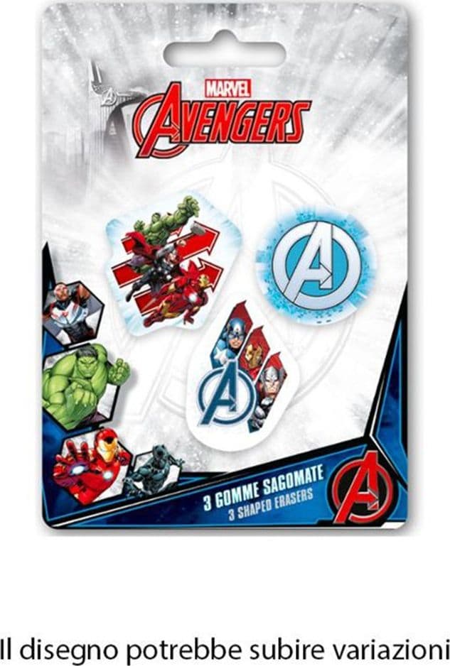 KIT GOMME PER CANCELLARE 3PZ SAGOMATE TEMA AVENGERS CANCELLERIA PER BAMBINI SCUOLA 953636 in Gomme Trade Shop italia - Napoli, commercioVirtuoso.it