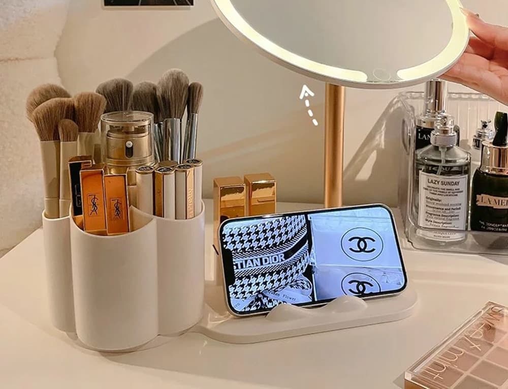 SPECCHIO TRUCCO DA TAVOLO CON LUCE LED CONTENITORE PORTAOGGETTI GIREVOLE PORTACELLULARE in Specchi da tavolo Trade Shop italia - Napoli, commercioVirtuoso.it
