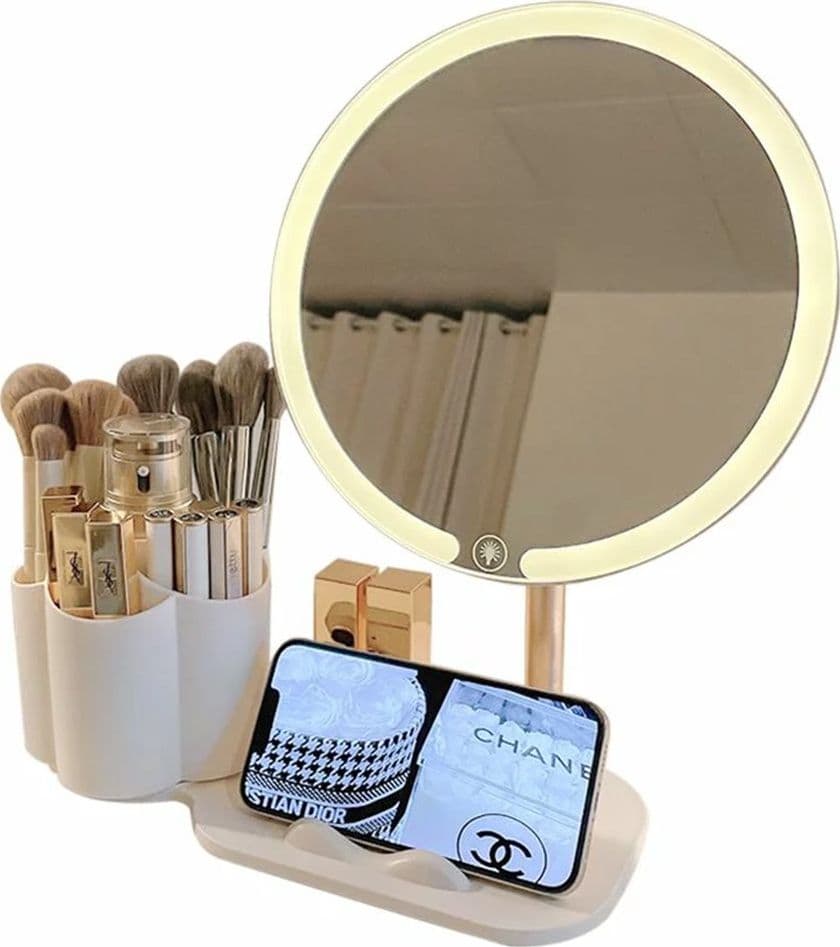 SPECCHIO TRUCCO DA TAVOLO CON LUCE LED CONTENITORE PORTAOGGETTI GIREVOLE PORTACELLULARE in Specchi da tavolo Trade Shop italia - Napoli, commercioVirtuoso.it