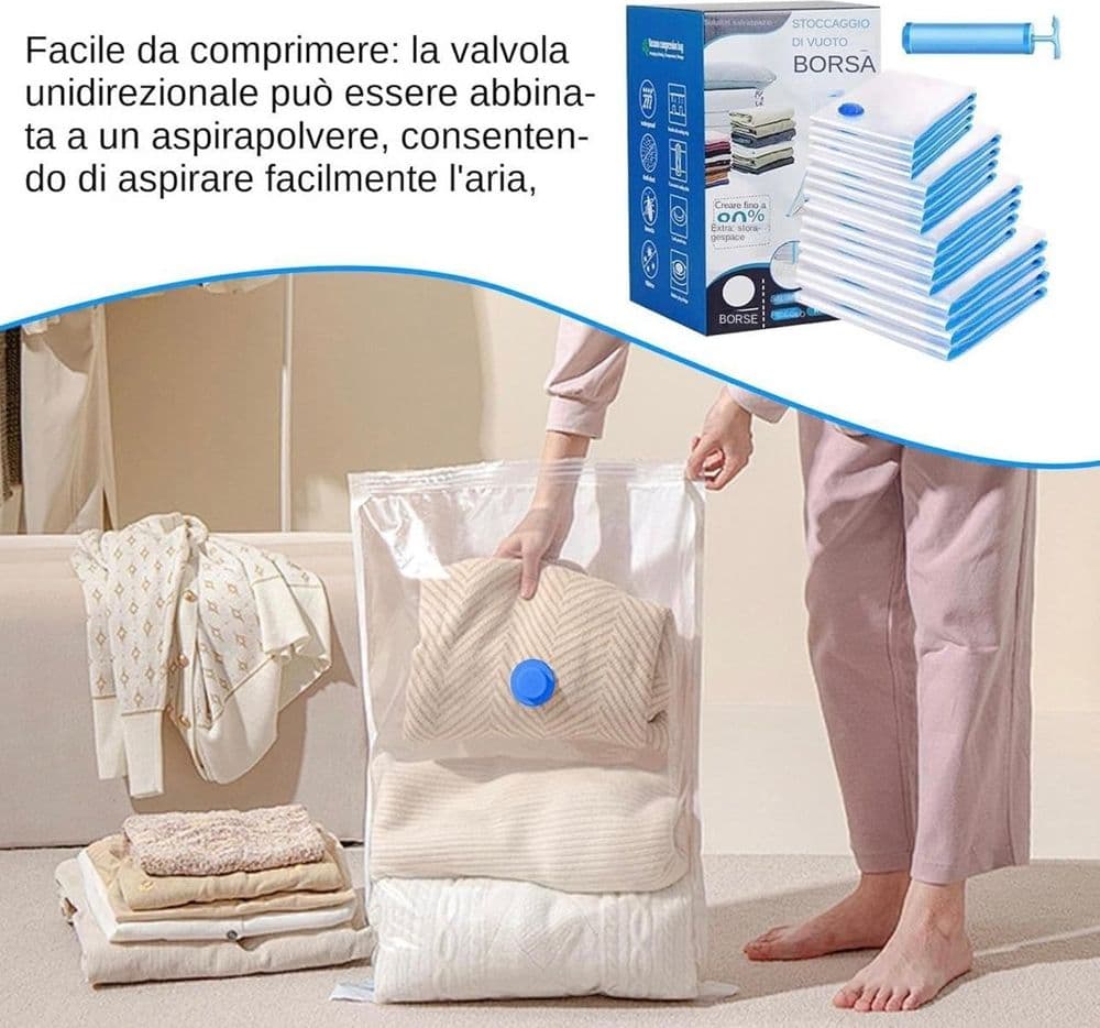CONFEZIONE 20PZ SACCHETTI SOTTOVUOTO PER VESTITI RIUTILIZZABILI SALVASPAZIO CON POMPA in Sacchetti salvaspazio Trade Shop italia - Napoli, commercioVirtuoso.it