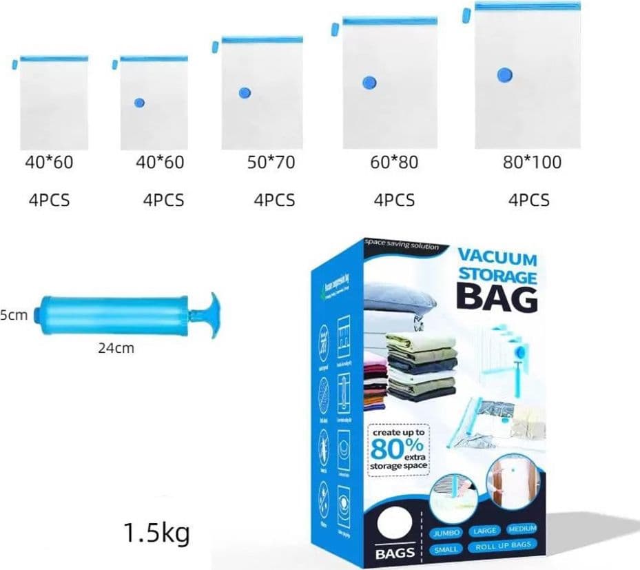 CONFEZIONE 20PZ SACCHETTI SOTTOVUOTO PER VESTITI RIUTILIZZABILI SALVASPAZIO CON POMPA in Sacchetti salvaspazio Trade Shop italia - Napoli, commercioVirtuoso.it