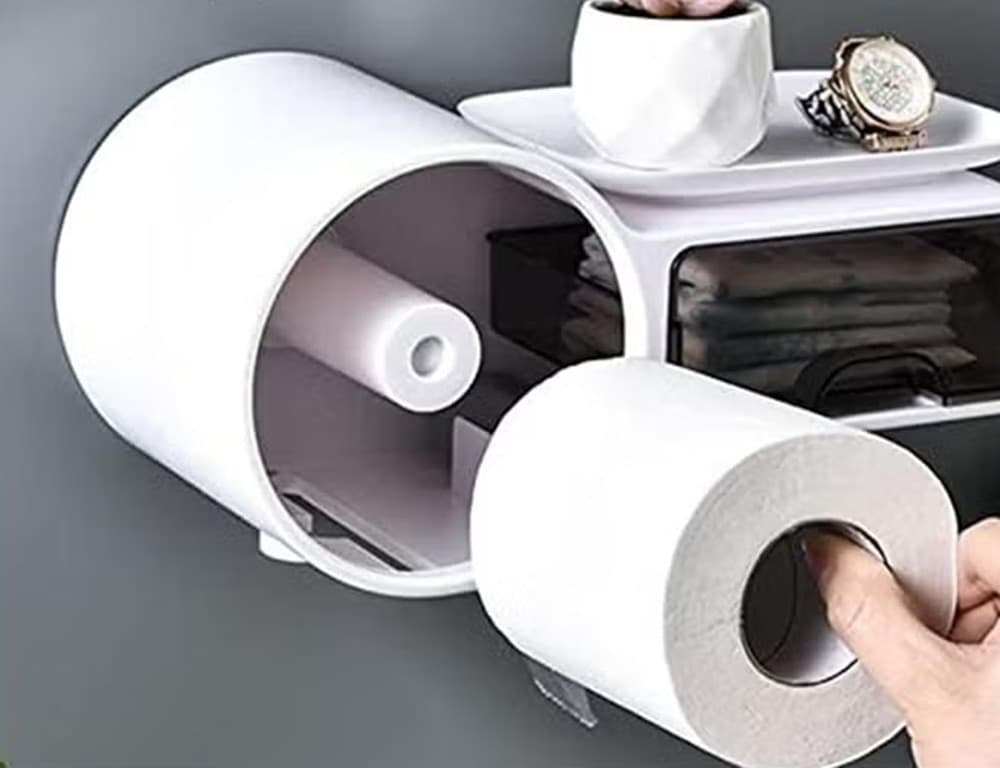 PORTA CARTA IGIENICA IMPERMEABILE DA PARETE AUTOADESIVO CON PORTAOGGETTI MENSOLA PER BAGNO in prodotto Trade Shop italia - Napoli, commercioVirtuoso.it