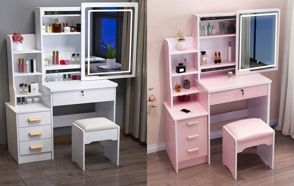 SET TAVOLO DA TOELETTA PER TRUCCO COSMETICI CON SPECCHIO LED MORBIDO SGABELLO CASSETTI