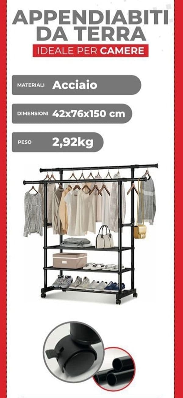 APPENDIABITI DA TERRA STAND CON RUOTE 3 SCOMPARTI PORTAOGGETTI DOPPIO BASTONE A SCOMPARSA in Stand appendiabiti Trade Shop italia - Napoli, commercioVirtuoso.it