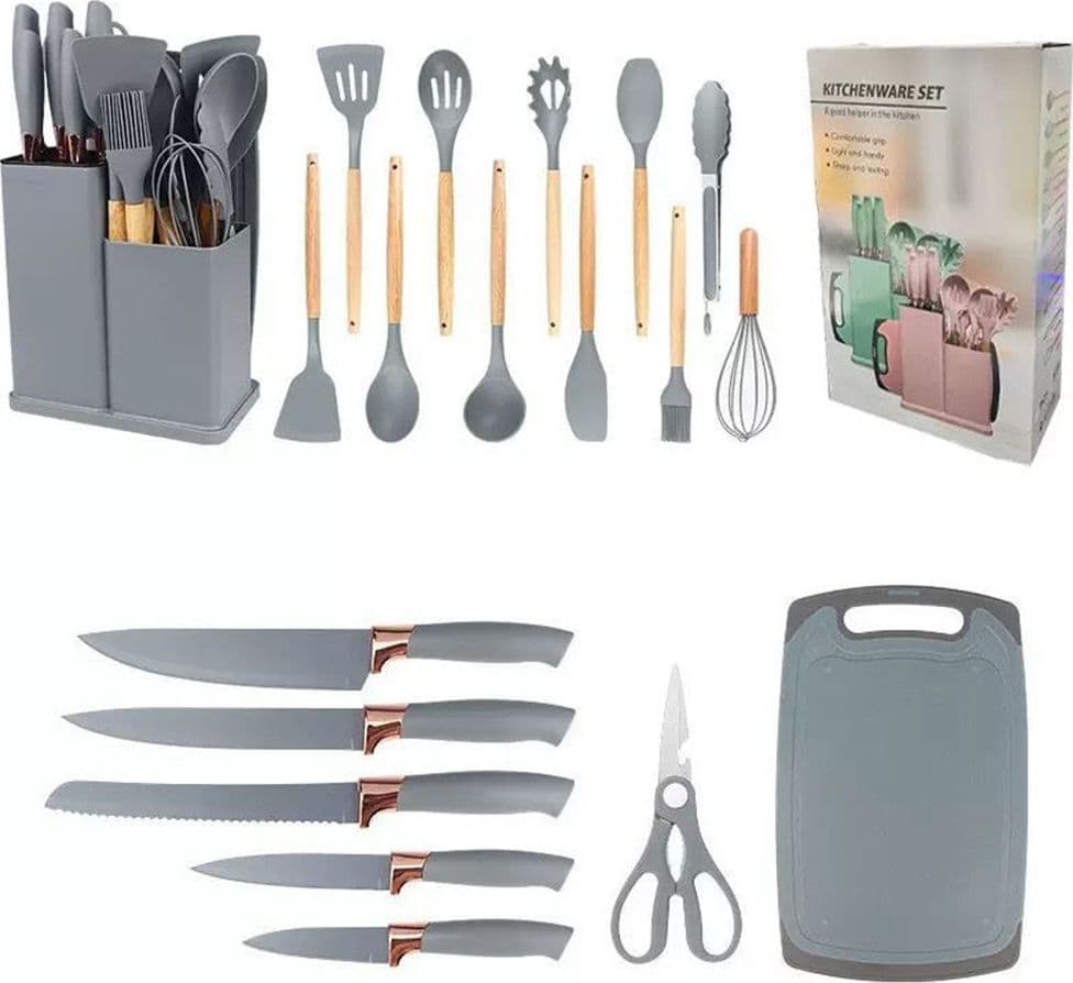 SET DI UTENSILI COLTELLI DA CUCINA DA CHEF DA 19 PEZZI IN SILICONE CON MANICO IN LEGNO in Set di coltelli da cucina Trade Shop italia - Napoli, commercioVirtuoso.it