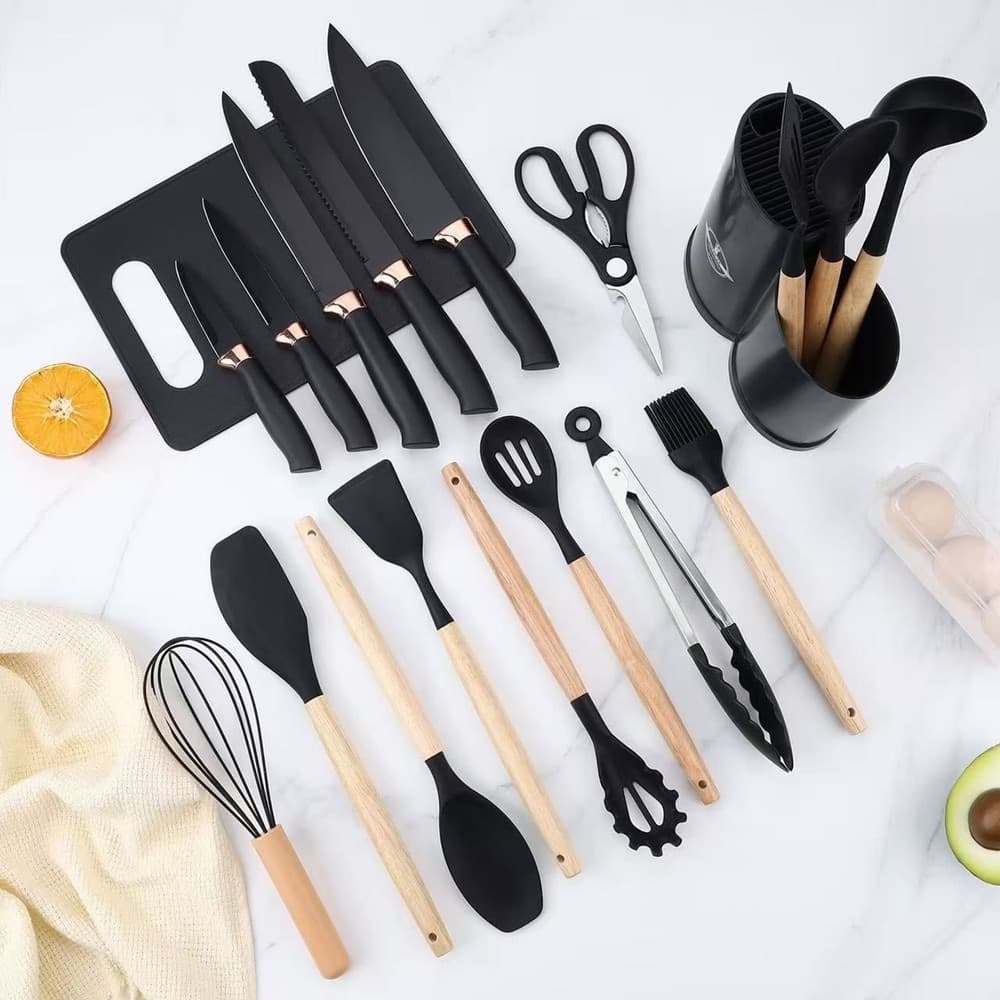 SET DI UTENSILI COLTELLI DA CUCINA DA CHEF DA 19 PEZZI IN SILICONE CON MANICO IN LEGNO in Set di coltelli da cucina Trade Shop italia - Napoli, commercioVirtuoso.it