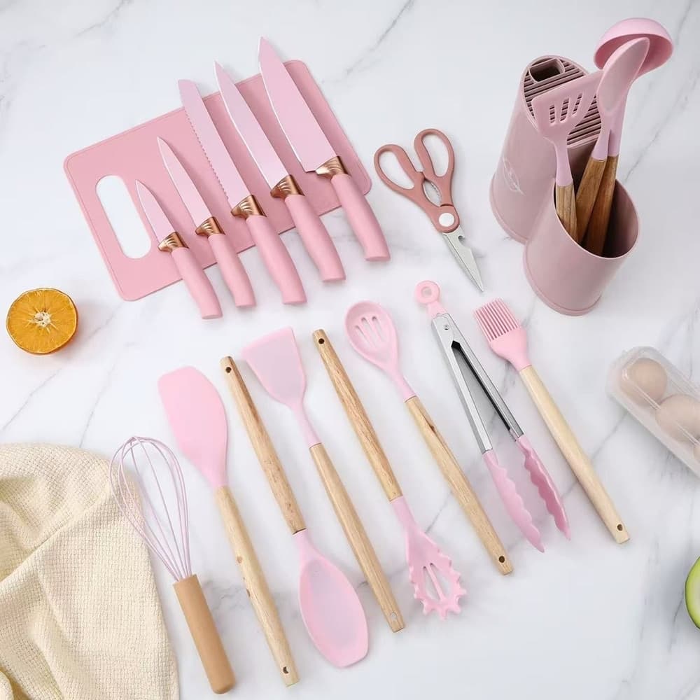 SET DI UTENSILI COLTELLI DA CUCINA DA CHEF DA 19 PEZZI IN SILICONE CON MANICO IN LEGNO in Set di coltelli da cucina Trade Shop italia - Napoli, commercioVirtuoso.it