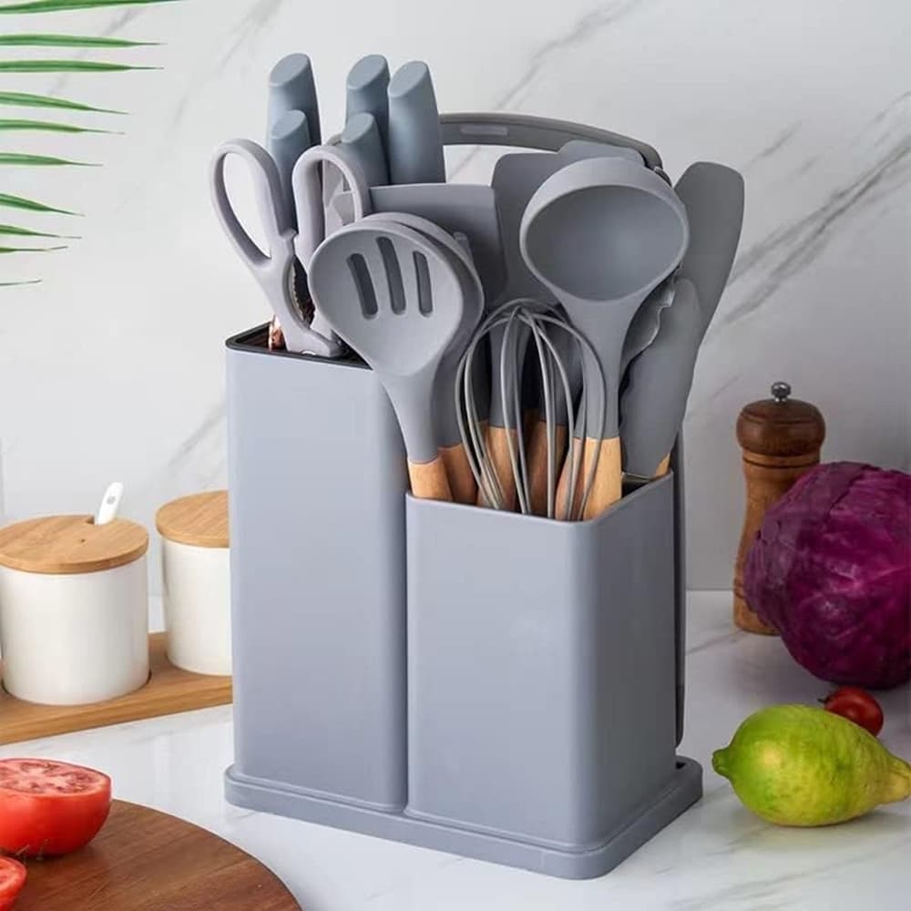 SET DI UTENSILI COLTELLI DA CUCINA DA CHEF DA 19 PEZZI IN SILICONE CON MANICO IN LEGNO in Set di coltelli da cucina Trade Shop italia - Napoli, commercioVirtuoso.it