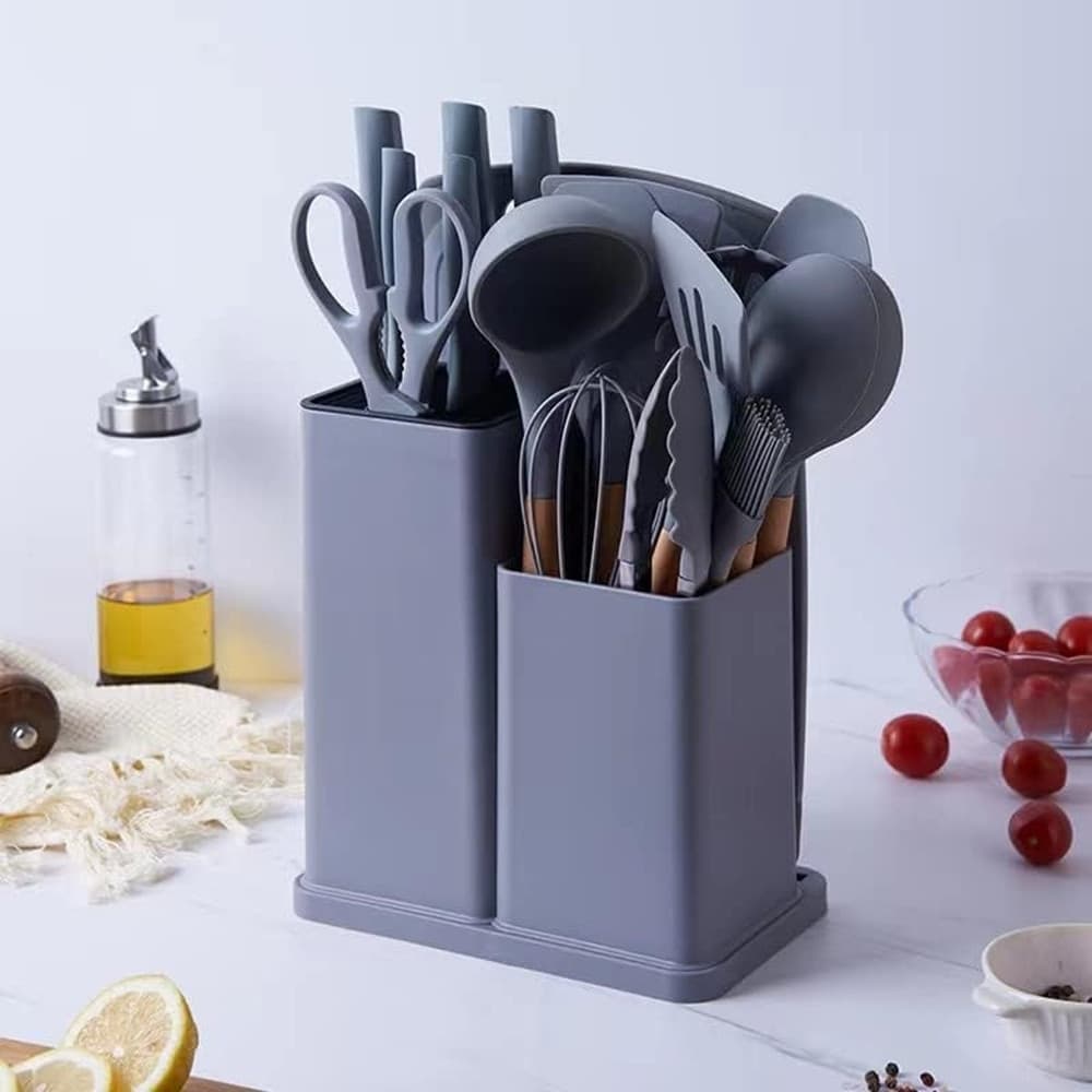 SET DI UTENSILI COLTELLI DA CUCINA DA CHEF DA 19 PEZZI IN SILICONE CON MANICO IN LEGNO in Set di coltelli da cucina Trade Shop italia - Napoli, commercioVirtuoso.it