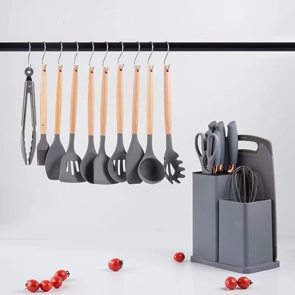 SET DI UTENSILI COLTELLI DA CUCINA DA CHEF DA 19 PEZZI IN SILICONE CON MANICO IN LEGNO in Set di coltelli da cucina Trade Shop italia - Napoli, commercioVirtuoso.it